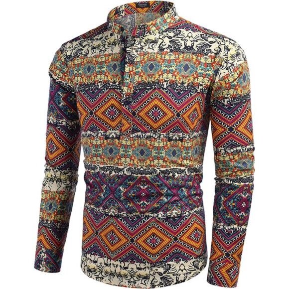 Men's Cotton Linen Henley Shirt Long Sleeve Hippie Casual Beach T Shirts - Picture 2 of 7